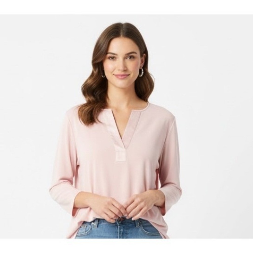 Banana Republic Womens XL Pink V Neck 3/4 Sleeve Tunic Embroidered Logo Classic